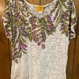 Ruby Rd. White Short Sleeve Floral Burnout Top with Purple & Olive Print